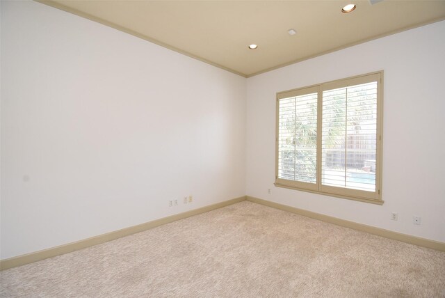 spare room featuring ornamental molding and light colored carpet