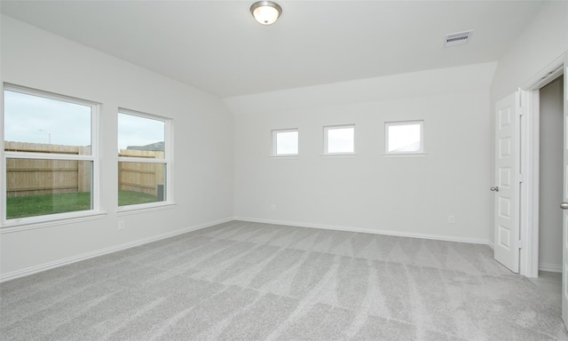 carpeted spare room with a healthy amount of sunlight and lofted ceiling