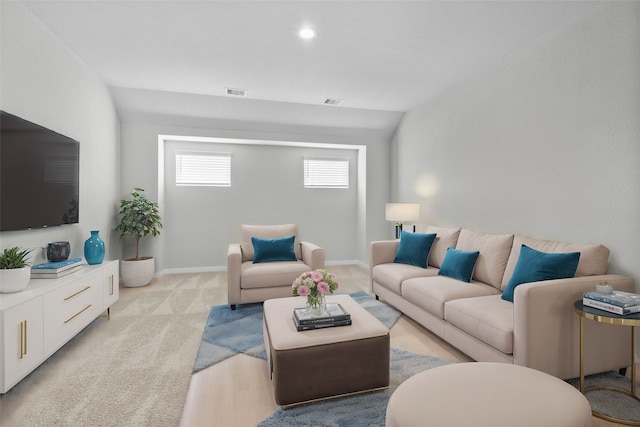 living room featuring light carpet and lofted ceiling