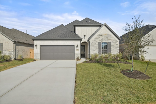 french country style house with a front yard and a garage