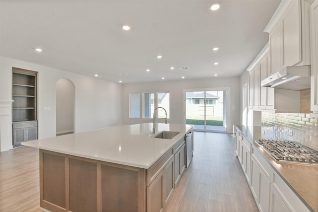 kitchen featuring a large island, light hardwood / wood-style flooring, white cabinets, and sink