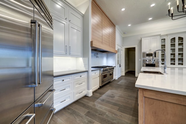 kitchen with white cabinets, dark hardwood / wood-style floors, and high quality appliances