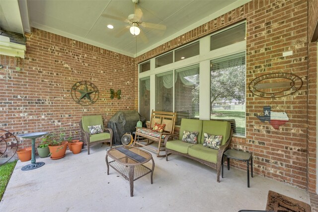 view of patio / terrace featuring ceiling fan, outdoor lounge area, and area for grilling