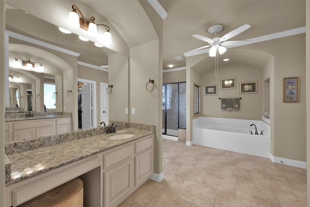 bathroom featuring ceiling fan, ornamental molding, vanity, and tile patterned flooring