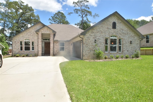 french country inspired facade with a front lawn and a garage