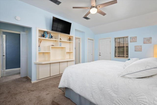 bedroom featuring ceiling fan, carpet floors, and vaulted ceiling