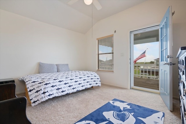 1220 Waterways Dr, Crystal Beach, TX 77650 - carpeted bedroom featuring access to outside, vaulted ceiling, and ceiling fan