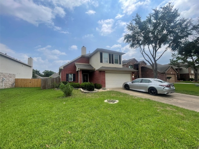 front of property with a garage and a front lawn