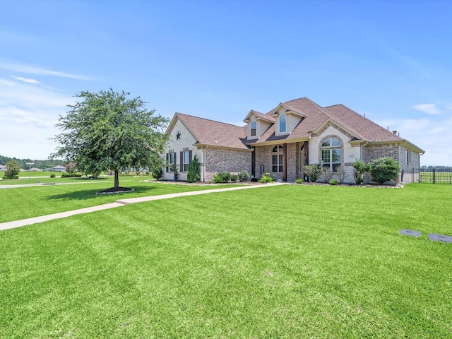 view of front facade with a shingled roof, a front yard, brick siding, and fence