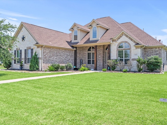 view of front of property with roof with shingles, brick siding, and a front lawn