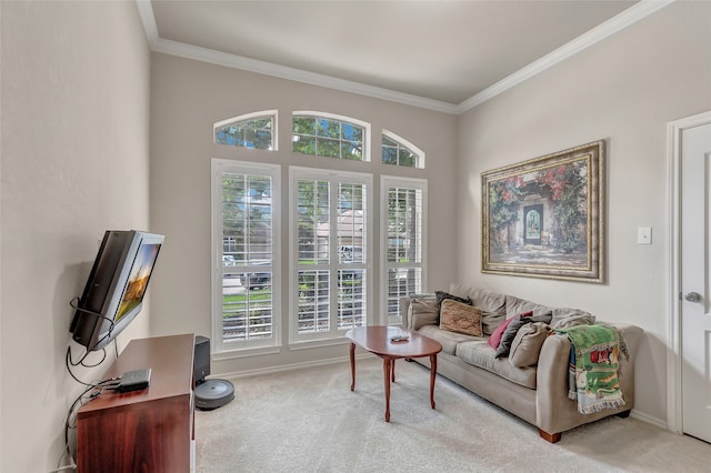 carpeted living room with crown molding