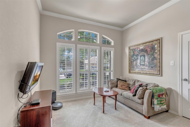 carpeted living room featuring crown molding