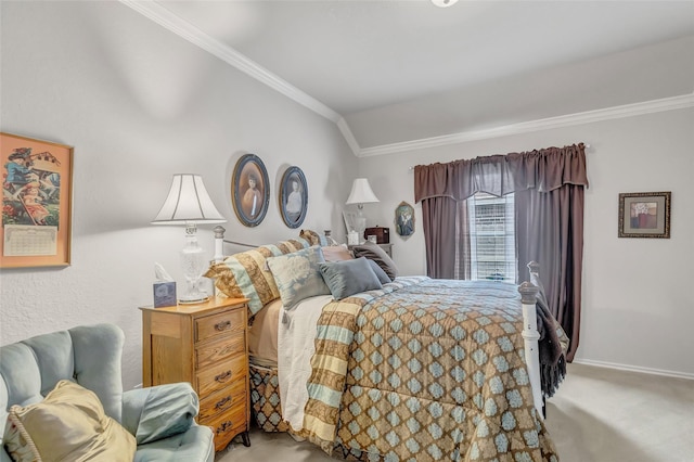 bedroom with crown molding, vaulted ceiling, and carpet floors