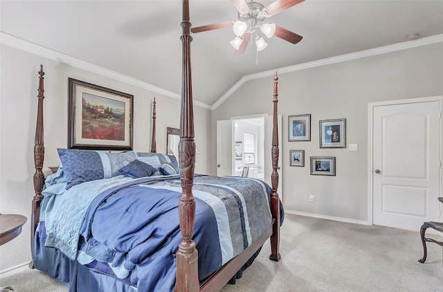 carpeted bedroom featuring ceiling fan, ornamental molding, and vaulted ceiling