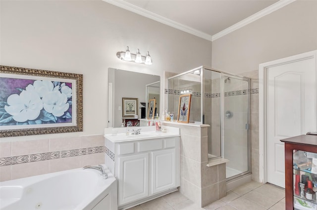 bathroom with ornamental molding, shower with separate bathtub, tile patterned floors, and vanity