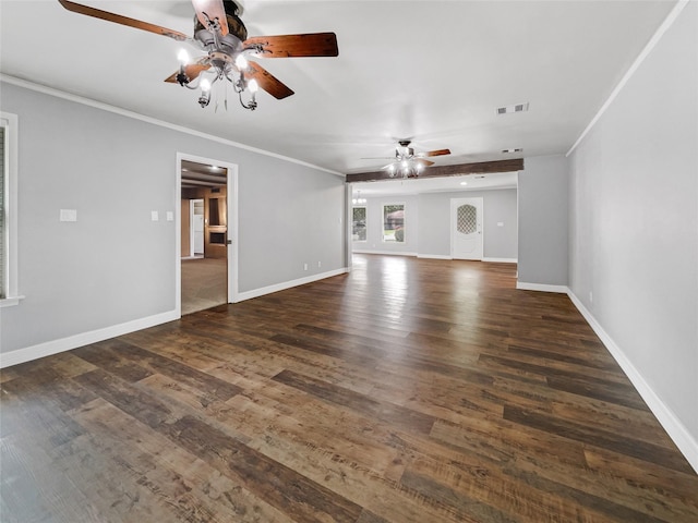 unfurnished living room with ceiling fan, crown molding, and dark hardwood / wood-style flooring