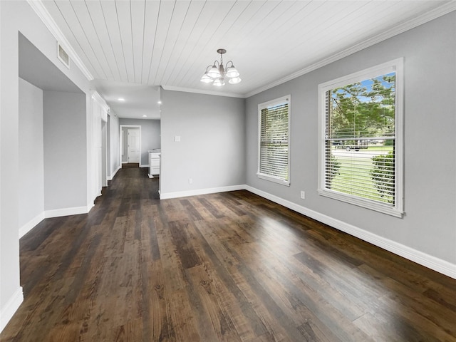 unfurnished dining area with crown molding, wooden ceiling, dark wood-type flooring, and a chandelier