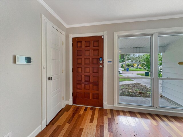 foyer featuring ornamental molding and wood-type flooring