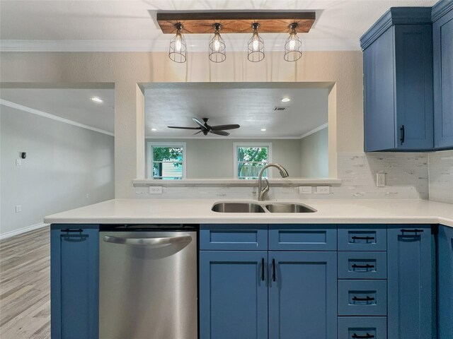 kitchen with ornamental molding, stainless steel dishwasher, backsplash, sink, and ceiling fan