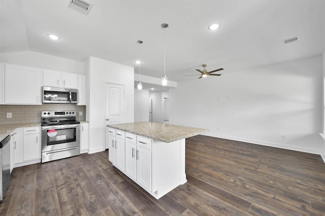 kitchen featuring white cabinets, ceiling fan, stainless steel appliances, and dark wood-type flooring