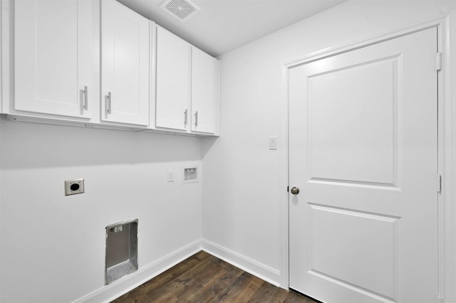 clothes washing area with hookup for an electric dryer, dark hardwood / wood-style floors, cabinets, and hookup for a washing machine