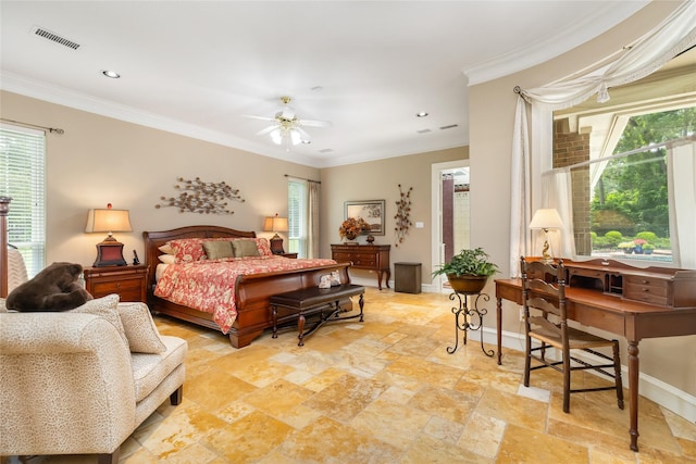 bedroom featuring multiple windows, ceiling fan, and crown molding