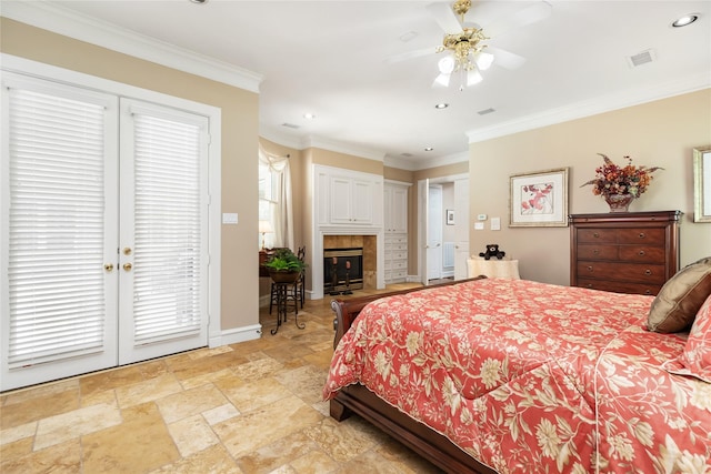 bedroom with multiple windows, ceiling fan, and ornamental molding