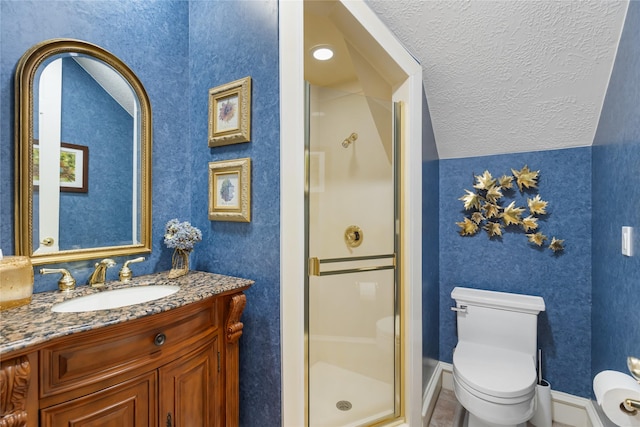 bathroom with vanity, tile patterned flooring, toilet, a textured ceiling, and an enclosed shower