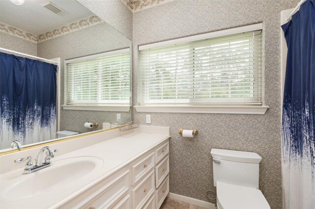 bathroom with vanity, toilet, and a wealth of natural light