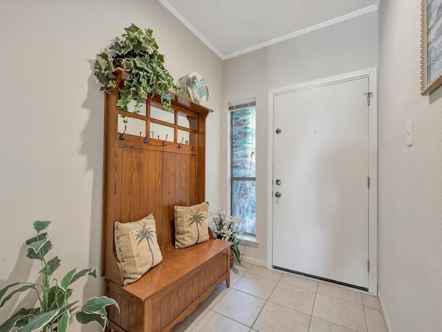 mudroom featuring light tile patterned floors and ornamental molding