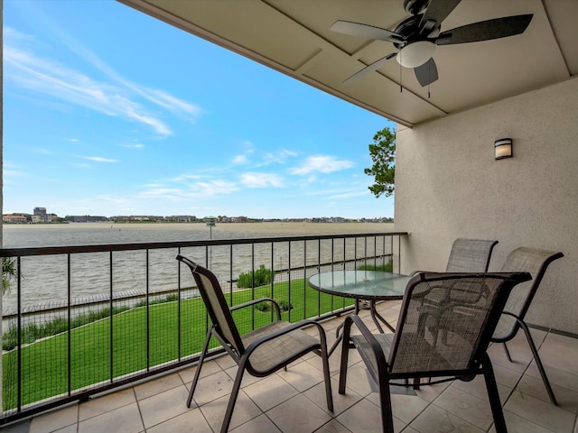 balcony featuring ceiling fan and a water view