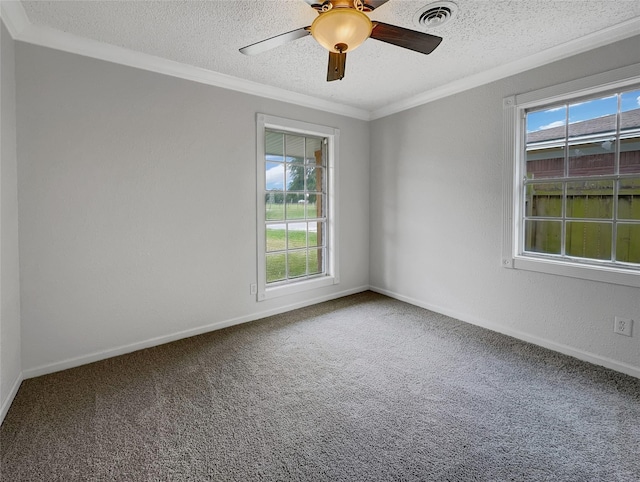 spare room with ornamental molding, a textured ceiling, carpet floors, and ceiling fan