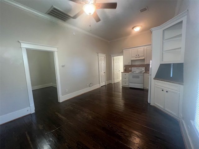 interior space featuring ornamental molding, dark hardwood / wood-style floors, and ceiling fan