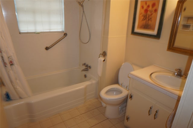 full bathroom with tile floors, toilet, vanity, and shower / bath combo