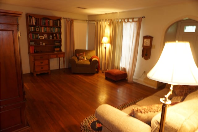 living room with dark hardwood / wood-style floors