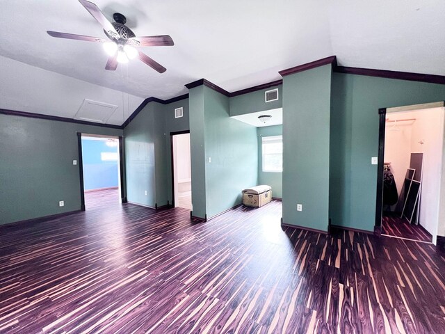 13074 Clover Ln, Iola, TX 77861 - unfurnished room featuring ceiling fan, dark hardwood / wood-style flooring, crown molding, and vaulted ceiling
