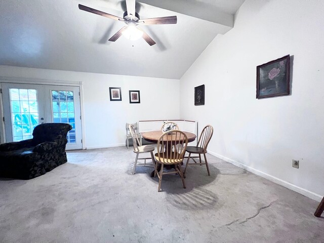 13074 Clover Ln, Iola, TX 77861 - dining area featuring lofted ceiling with beams, ceiling fan, carpet floors, and french doors