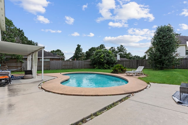 view of swimming pool with a lawn and a patio