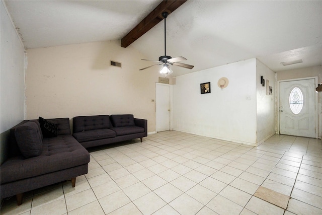 tiled living room with lofted ceiling with beams and ceiling fan