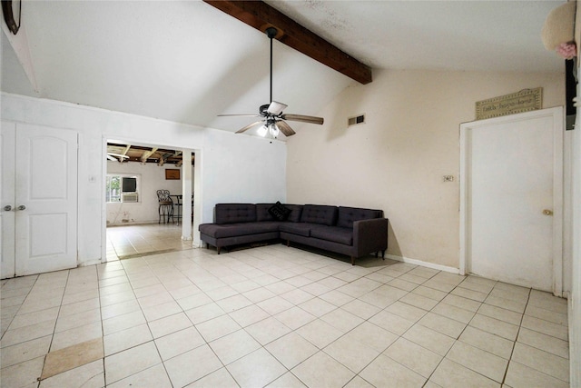 unfurnished living room with ceiling fan, light tile patterned flooring, and lofted ceiling with beams