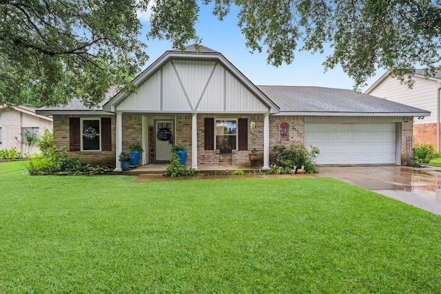 view of front facade featuring a garage, a front lawn, brick siding, concrete driveway, and a porch