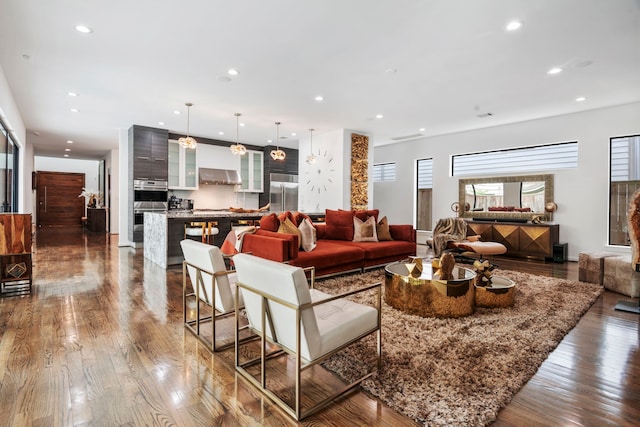 living room featuring dark wood-type flooring