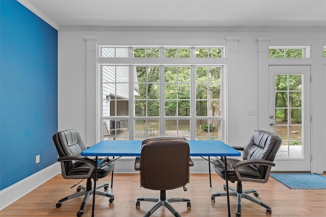 home office with plenty of natural light, hardwood / wood-style flooring, and crown molding