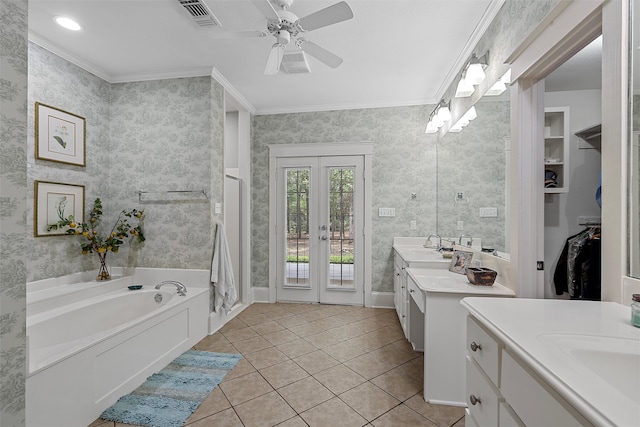 bathroom featuring ceiling fan, crown molding, plus walk in shower, tile floors, and vanity