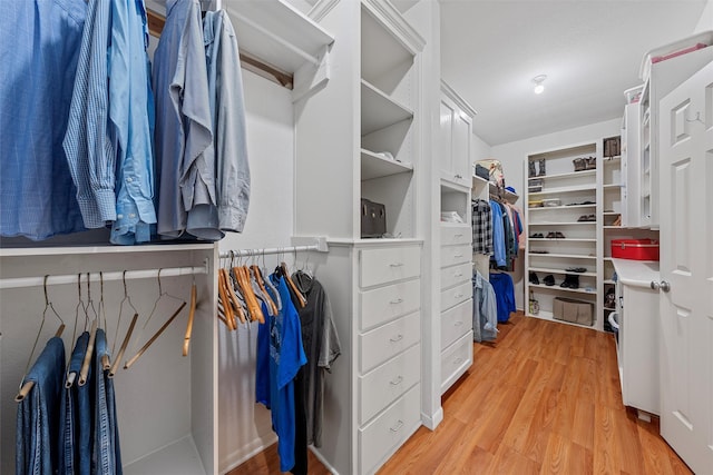 walk in closet with light wood finished floors