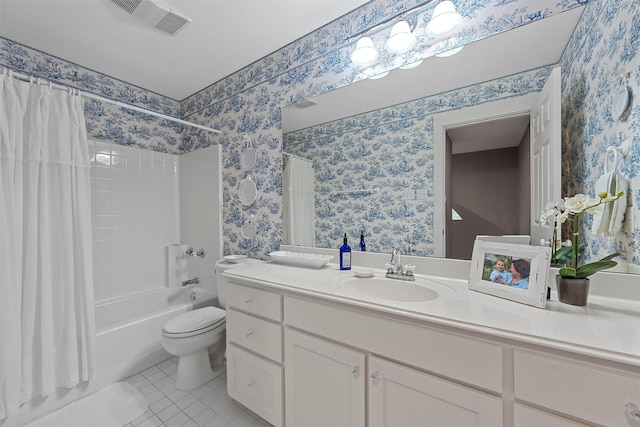 bathroom with vanity, wallpapered walls, shower / tub combo, tile patterned floors, and toilet