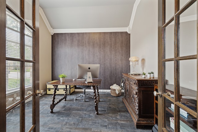 office area with french doors and crown molding