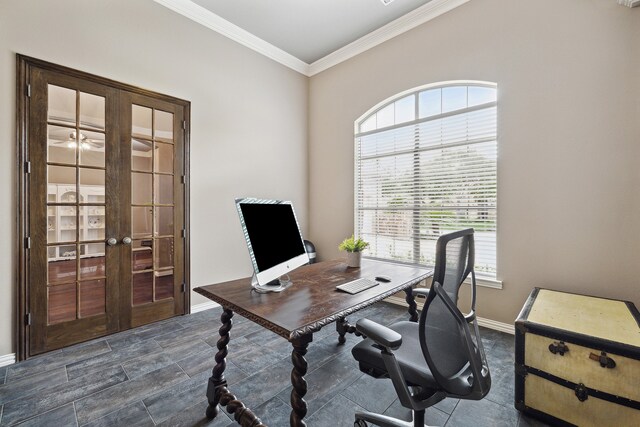 office area with crown molding and french doors