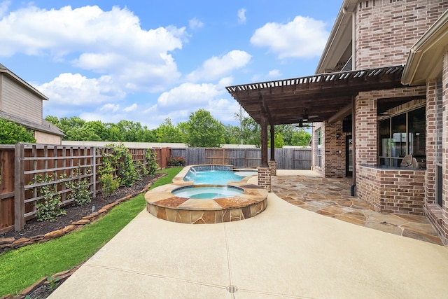 exterior space featuring pool water feature, ceiling fan, a pergola, and an in ground hot tub