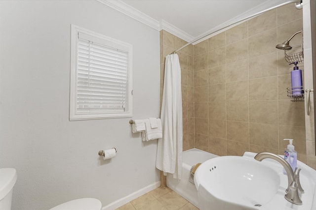 full bathroom featuring sink, tile patterned flooring, crown molding, shower / bath combination with curtain, and toilet